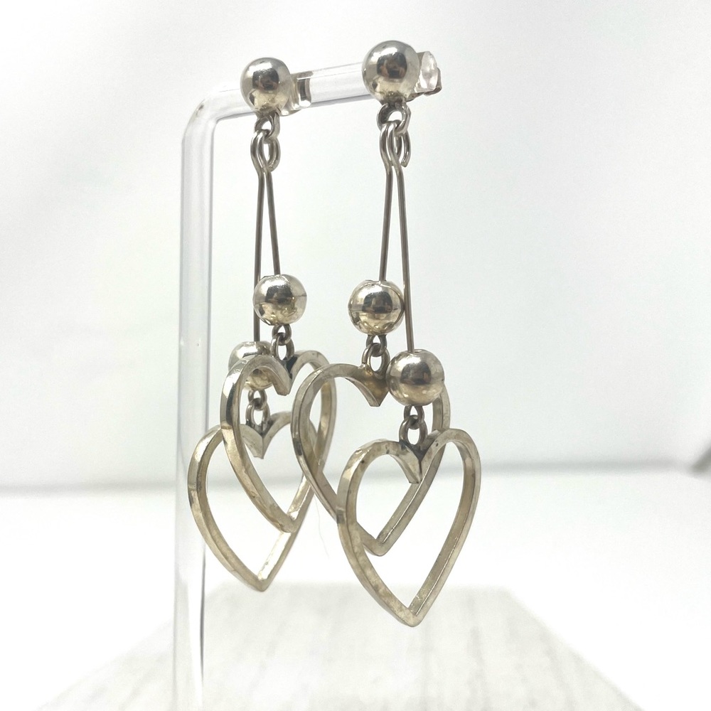 Sterling Silver Double Heart Dangle Post Earrings… - image 1